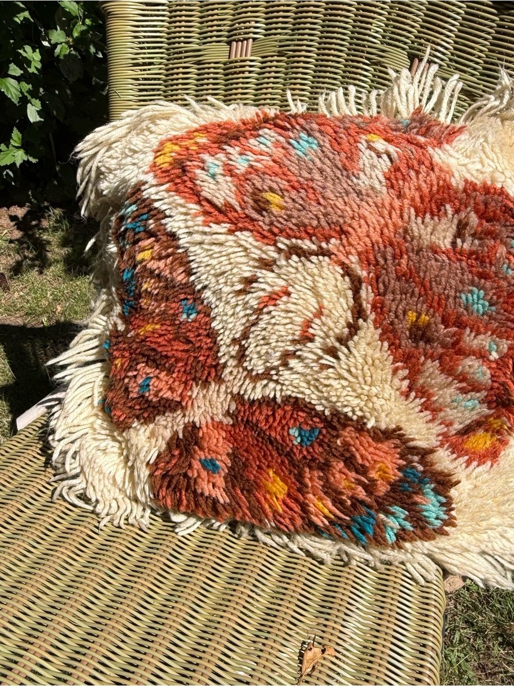 Vintage Handmade 16x16 Hooked Yarn Pillow Boho Floral Shag Fringe Retro Decor